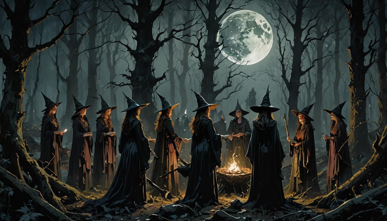 Witch Coven Gathering in Dark Forest Clearing