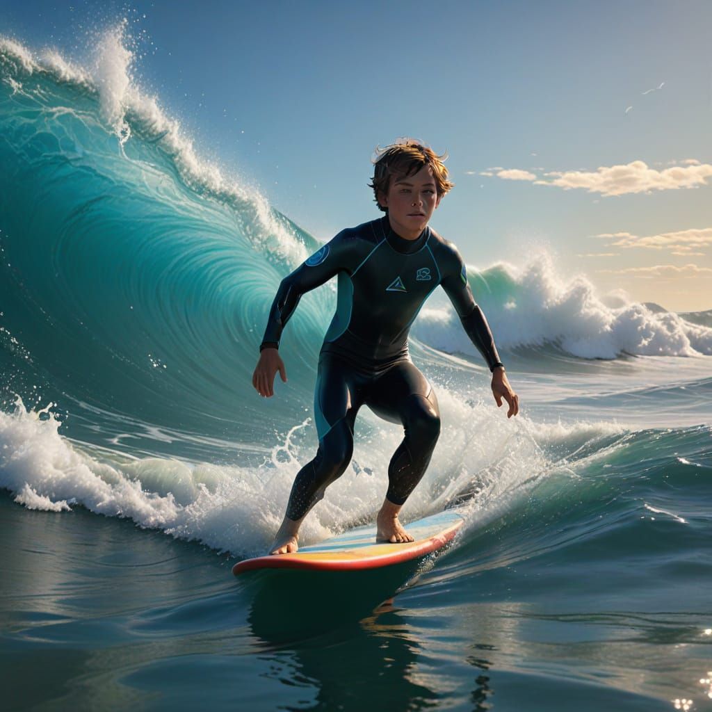 Young Surfer Rides Vibrant Turquoise Wave in Dreamlike Scene