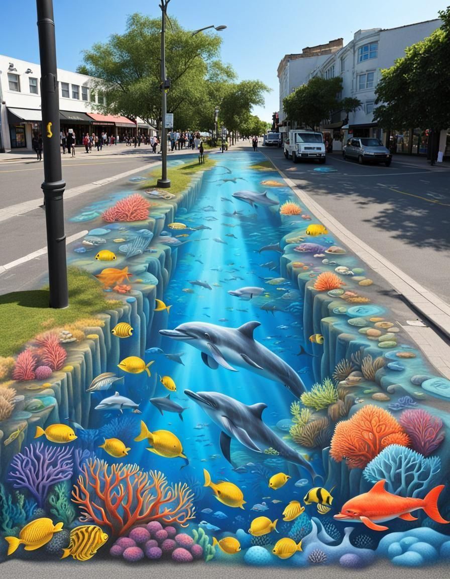 Underwater Chalk Art City Street Scene