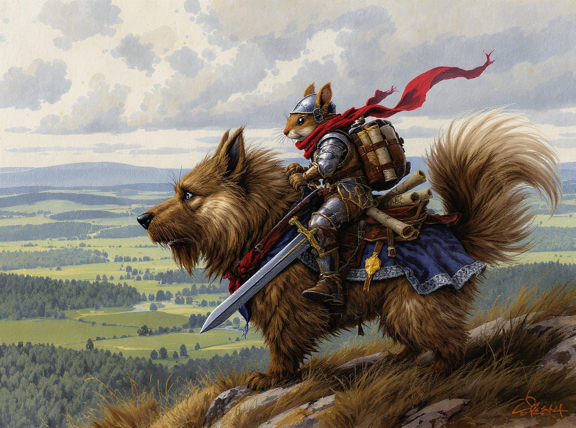 Squirrel Knight and Dog Steed in Fantasy Landscape
