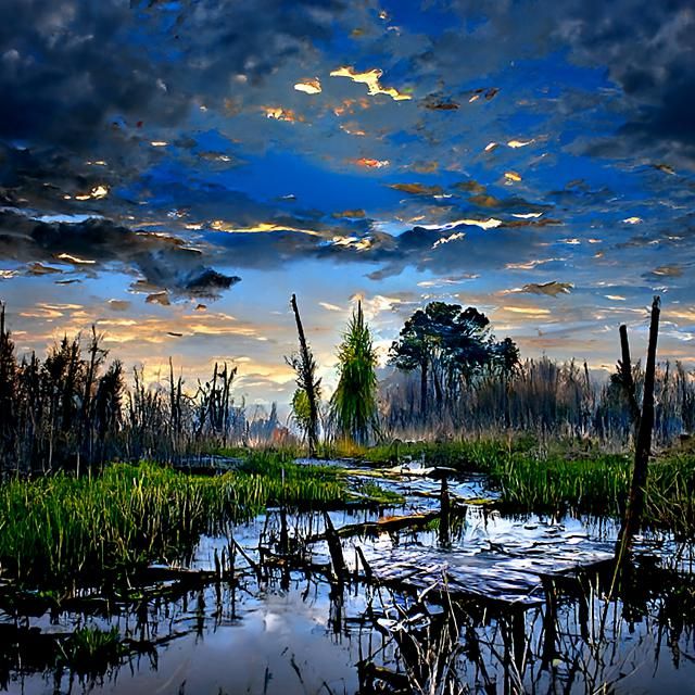 Serene Twilight Marshland Landscape in Mixed Media Style