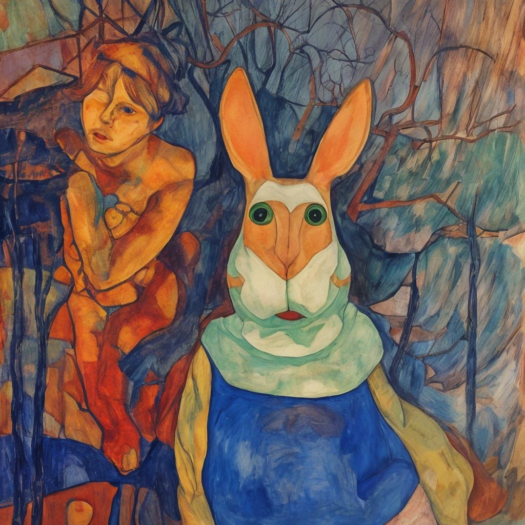 Evil Rabbit Accuses Witch in Egon Schiele Style