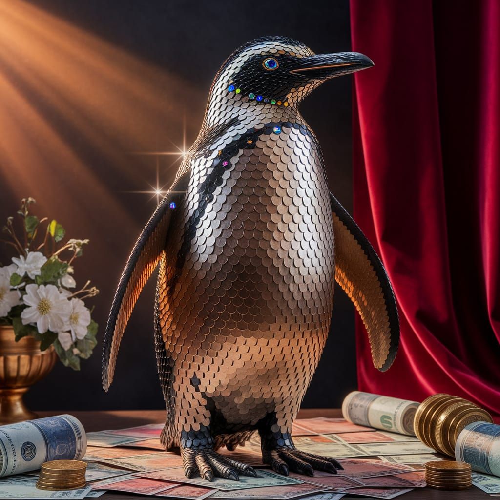 Regal Penguin Made of Coins in Dramatic Rembrandt Lighting