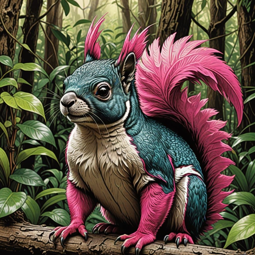 Vibrant Jungle Squirrel Penguin Hybrid in Pen and Ink