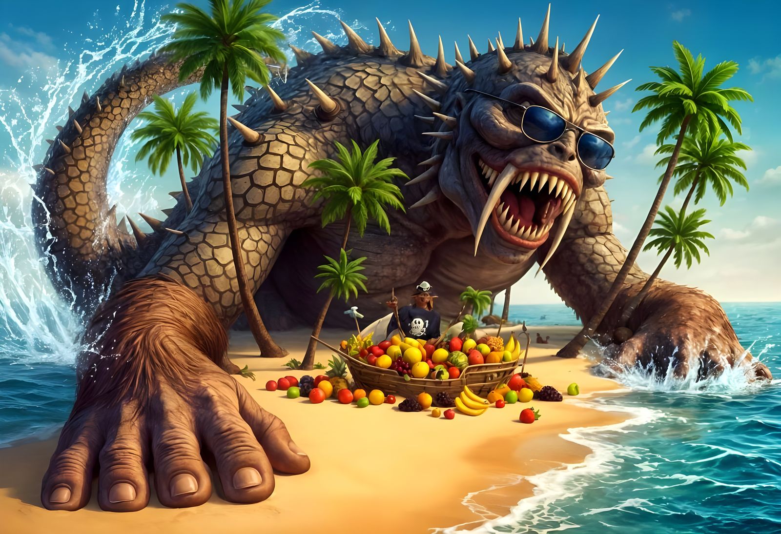 Giant Monster Sleeps on Tropical Beach with Pirate Ship