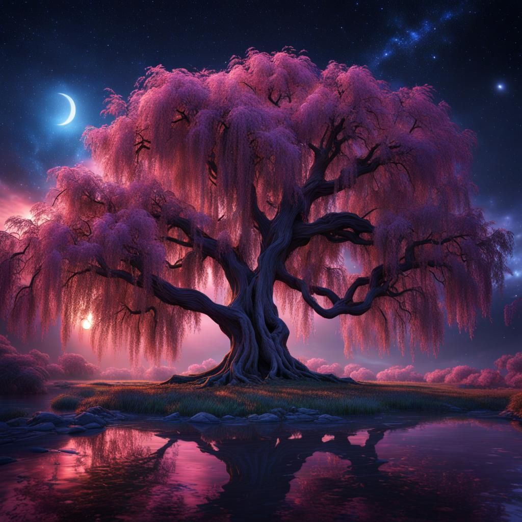 Cosmic Weeping Willow Tree in Galaxy Moonlight
