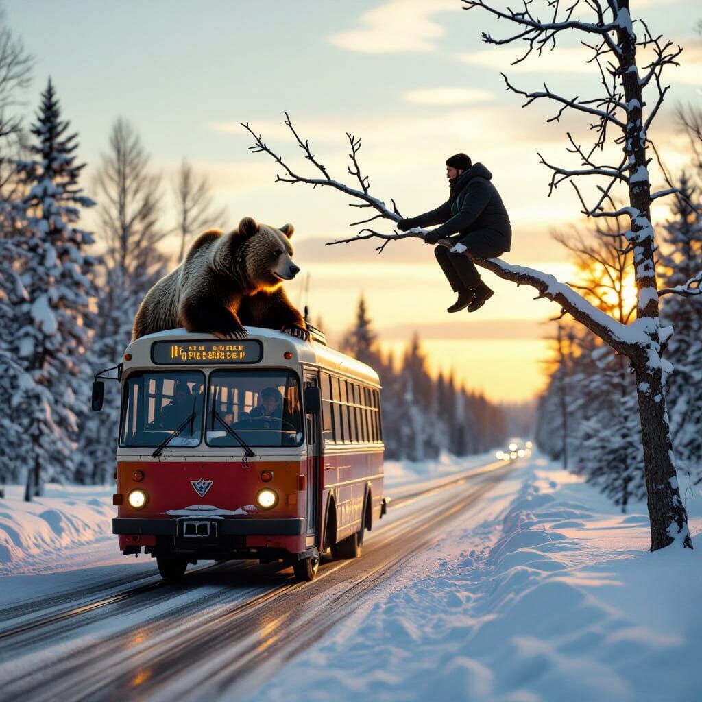 Grizzly Bear on Trolleybus with Putin in Snowy Siberia