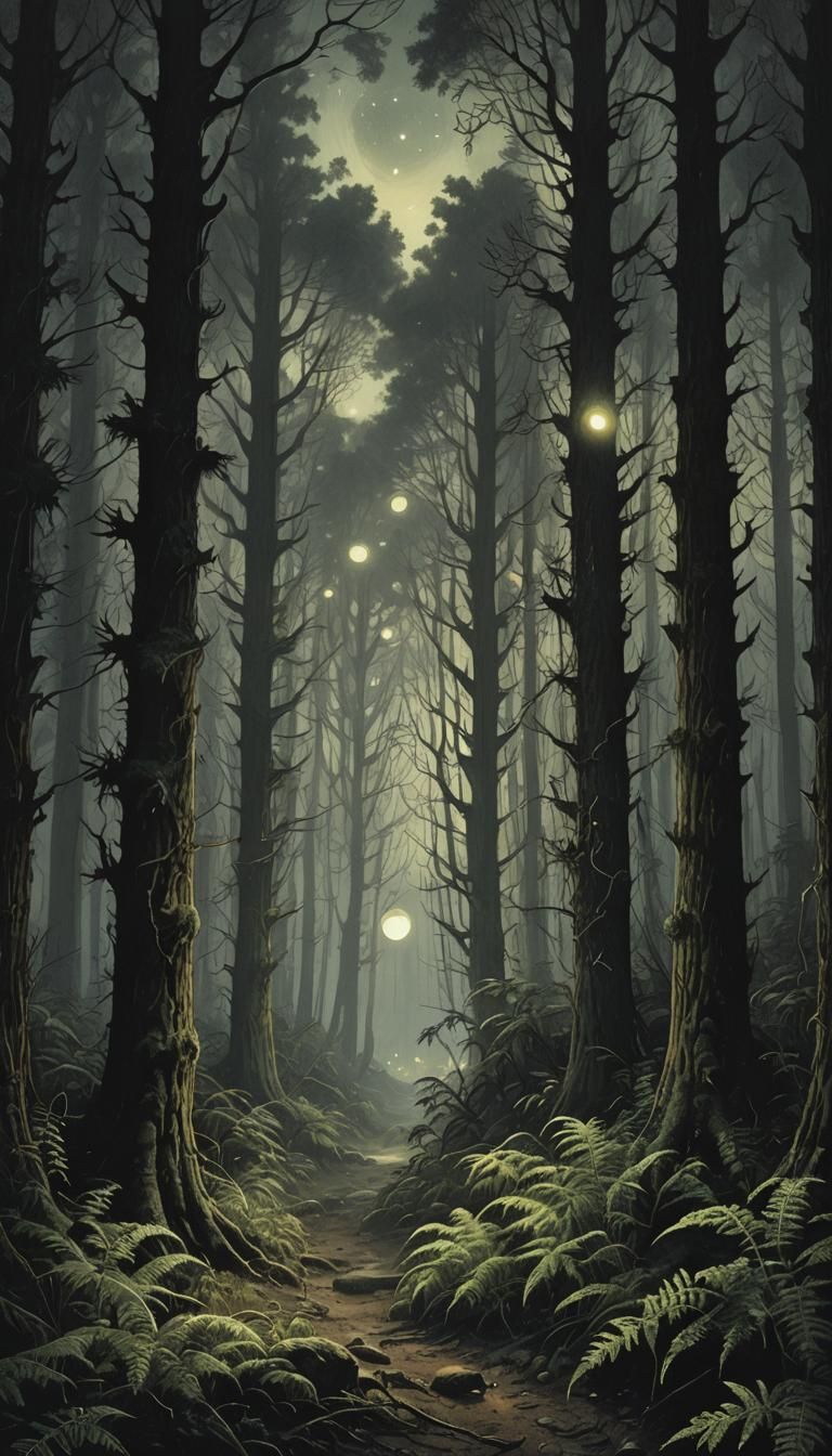 Glowing Orbs in Dark Pine Forest, Gothic Horror