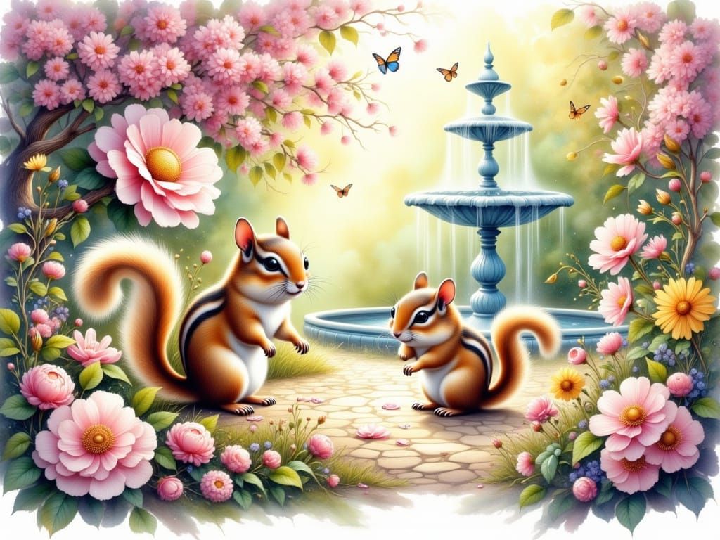Enchanted Chipmunk Garden in Whimsical Watercolor