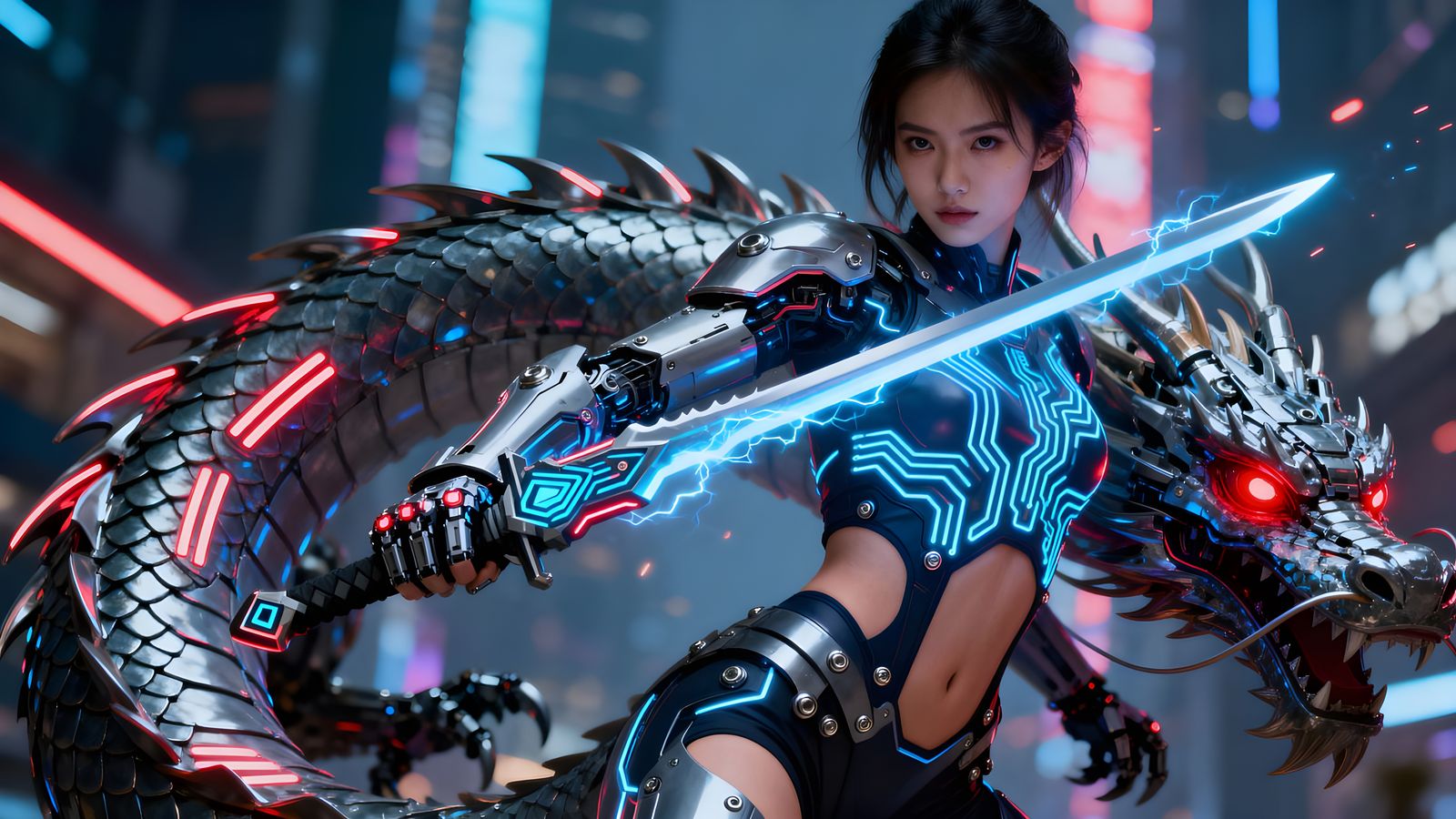 Cyberpunk Lady with Dagger and Robotic Dragon