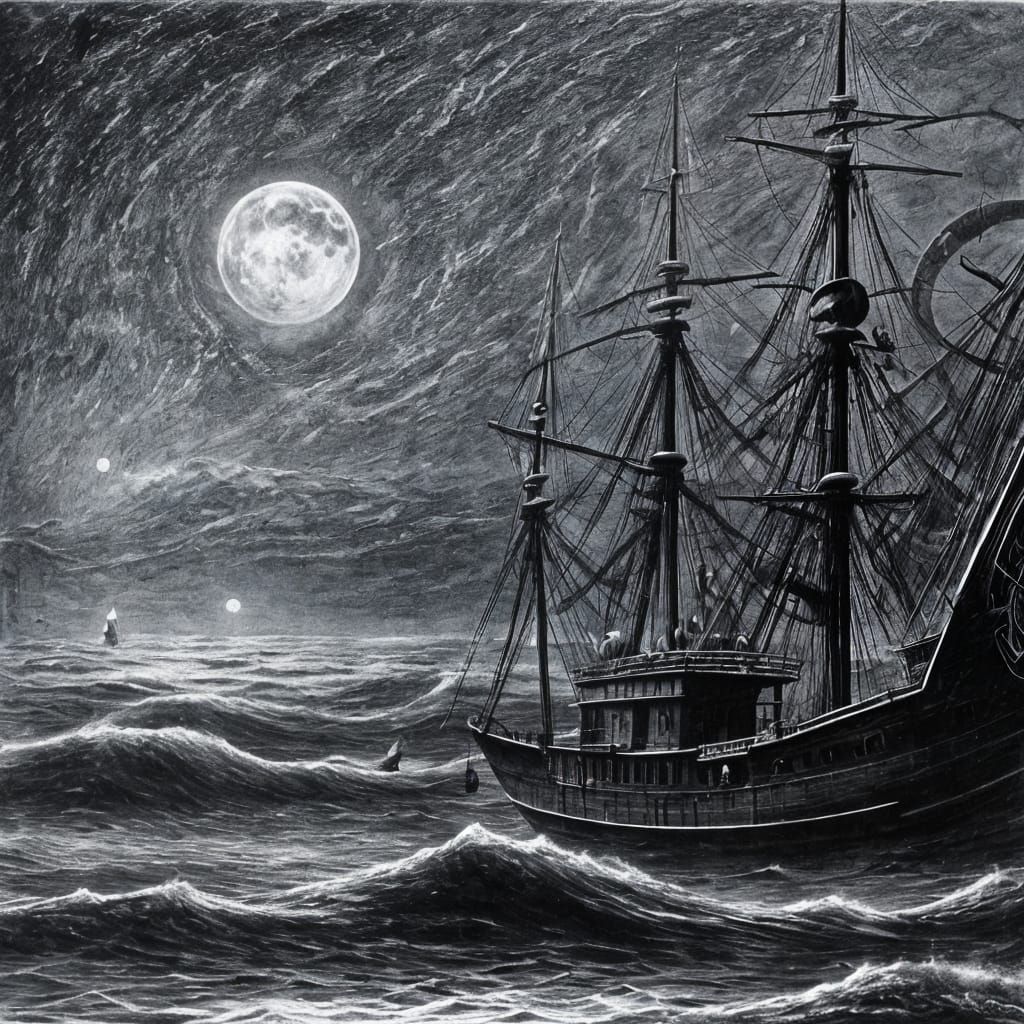 Ghostly Pirate Ship Under Full Moon