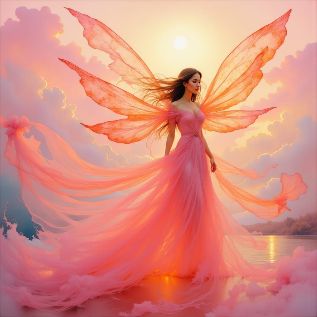 Pink and Orange Fairy by the Ocean