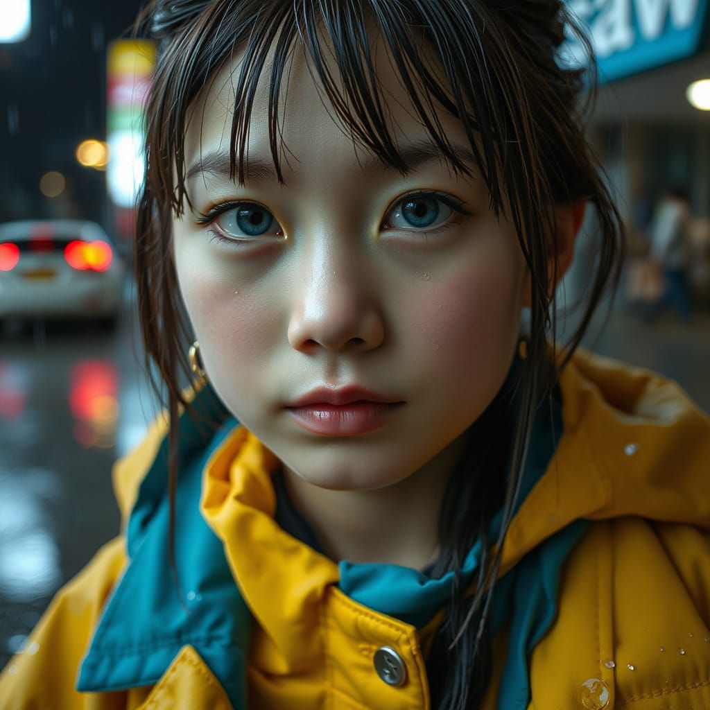 Rainy Portrait of Girl with Teal Jacket