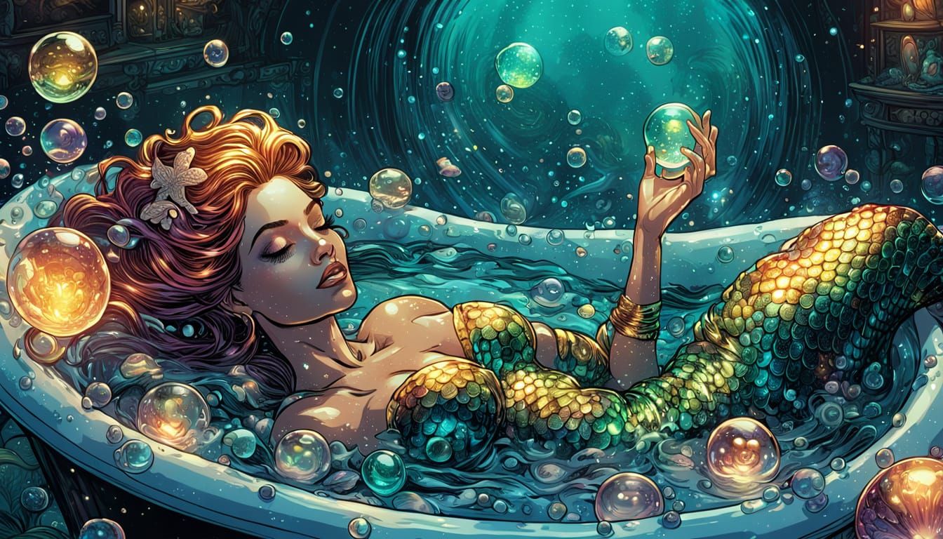 Mermaid in Iridescent Bubble Bath, Comic Book Art