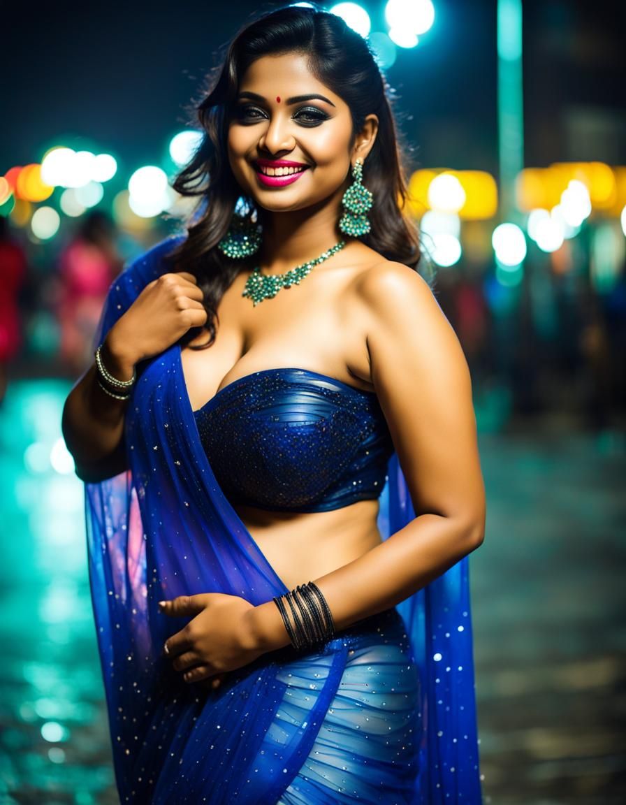 Glamorous Woman in Saree in Neon Cityscape