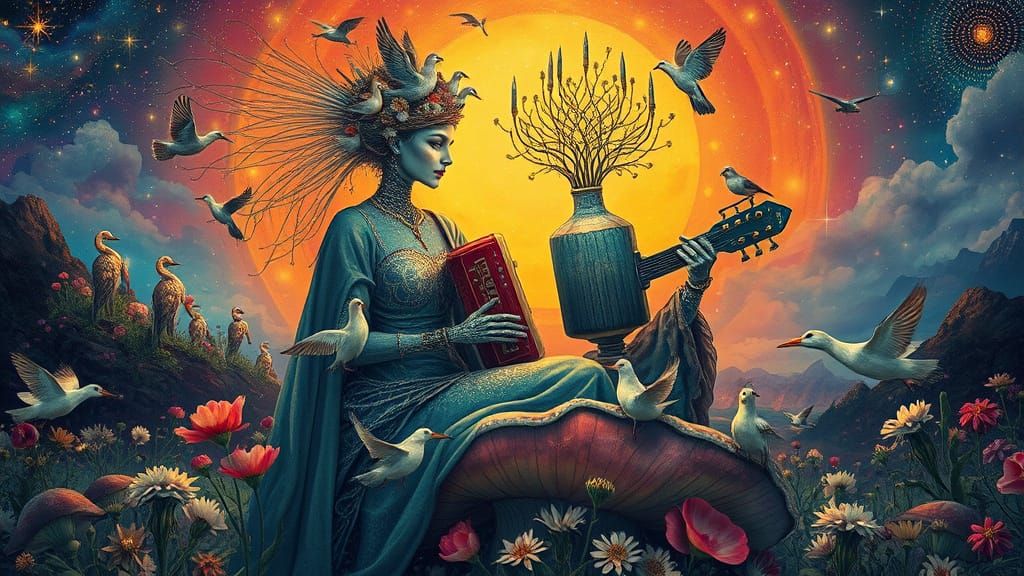 Cosmic Woman with Nature, Birds, and Flowers