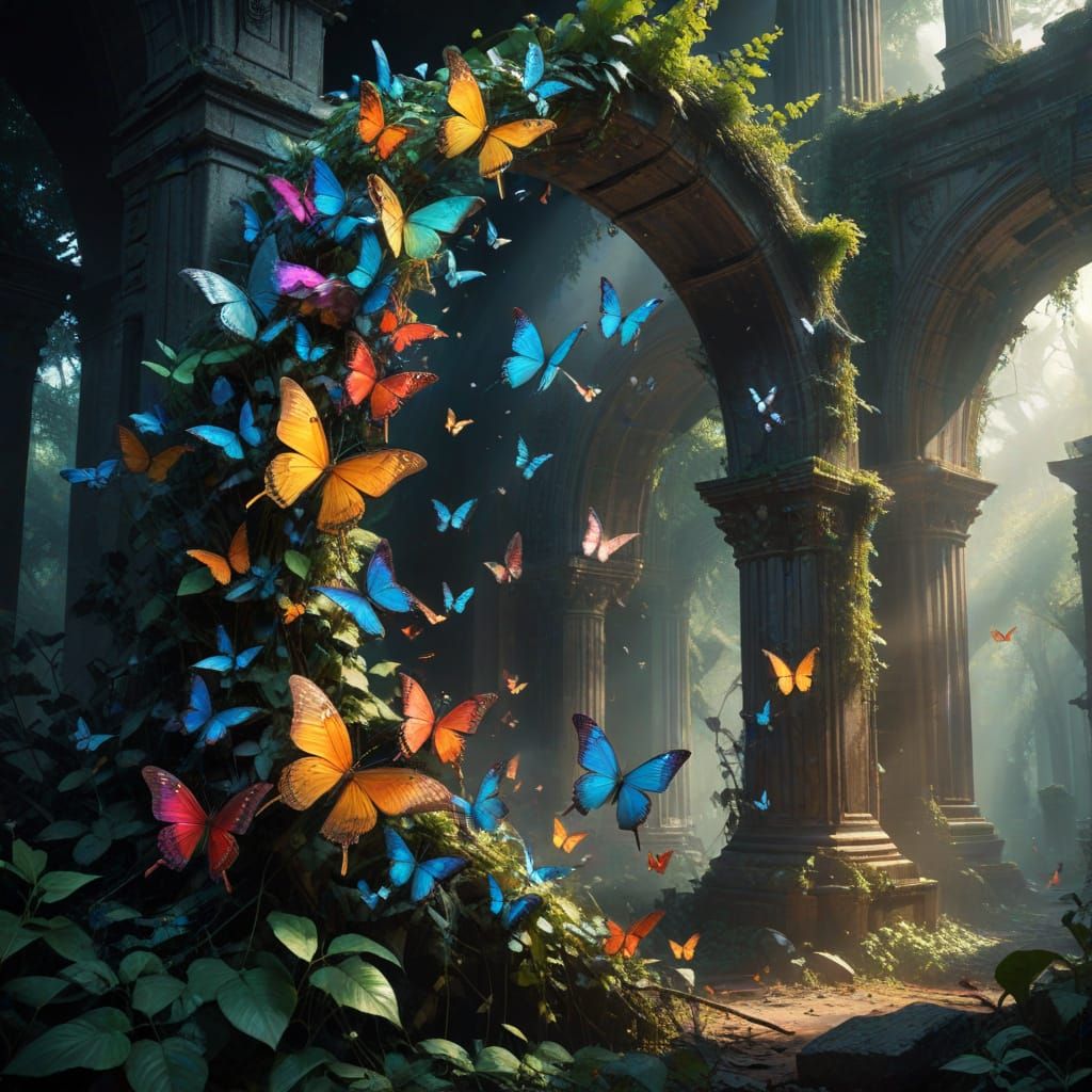 Rainbow Arch of Iridescent Butterflies in Ruins