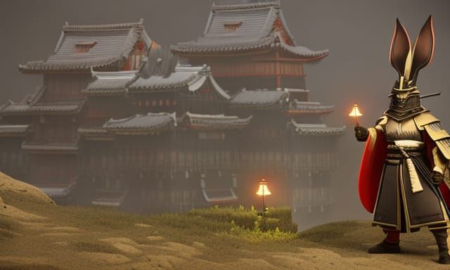 Samurai Rabbit in Front of Castle, Digital Art