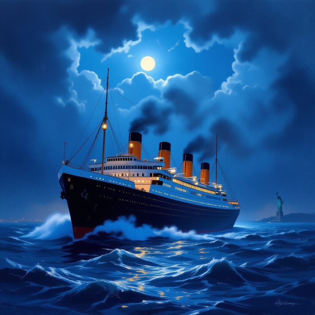 1900s Ocean Liner Enters Stormy New York Harbor at Sunset