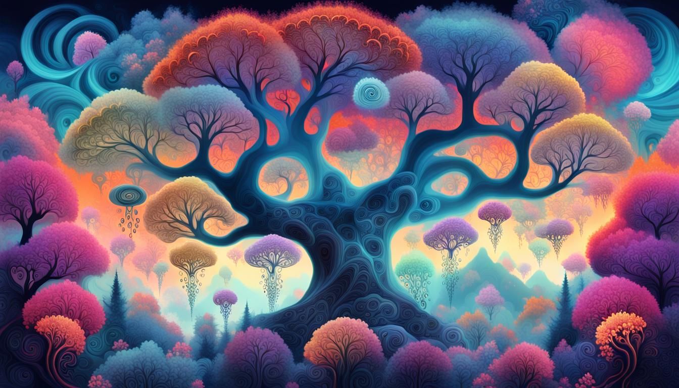 Surreal Fractal Trees in Dreamscape, Expressionist Style