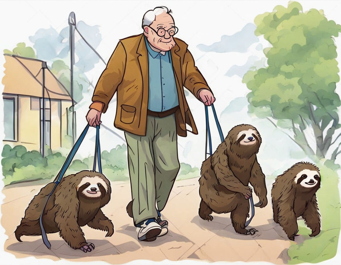 A Gentle Old Man Strolls with Two Sloths in Harmony
