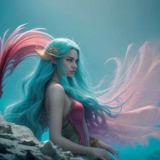 Pink Peacock Mermaid in Dreamy Cinematic Style