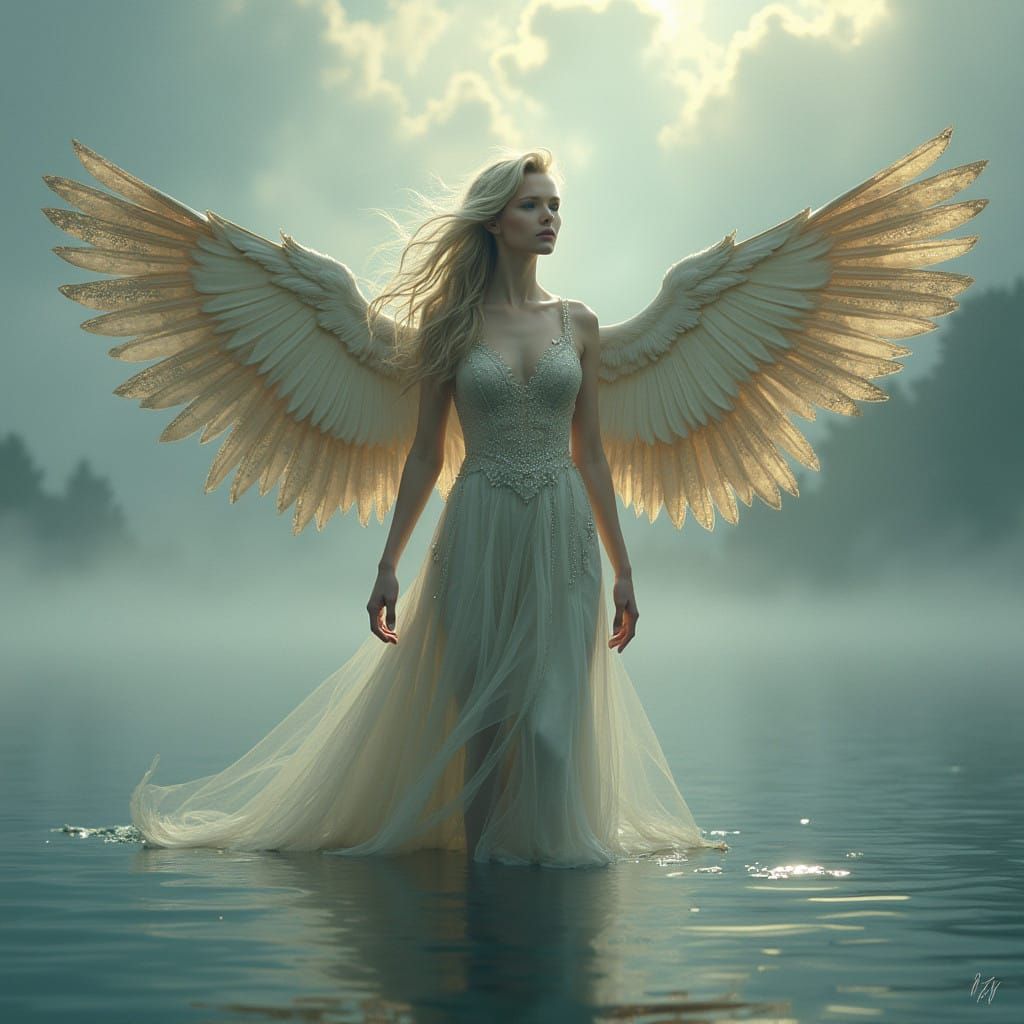 Harpy of Mirrored Wings in Ethereal Landscape