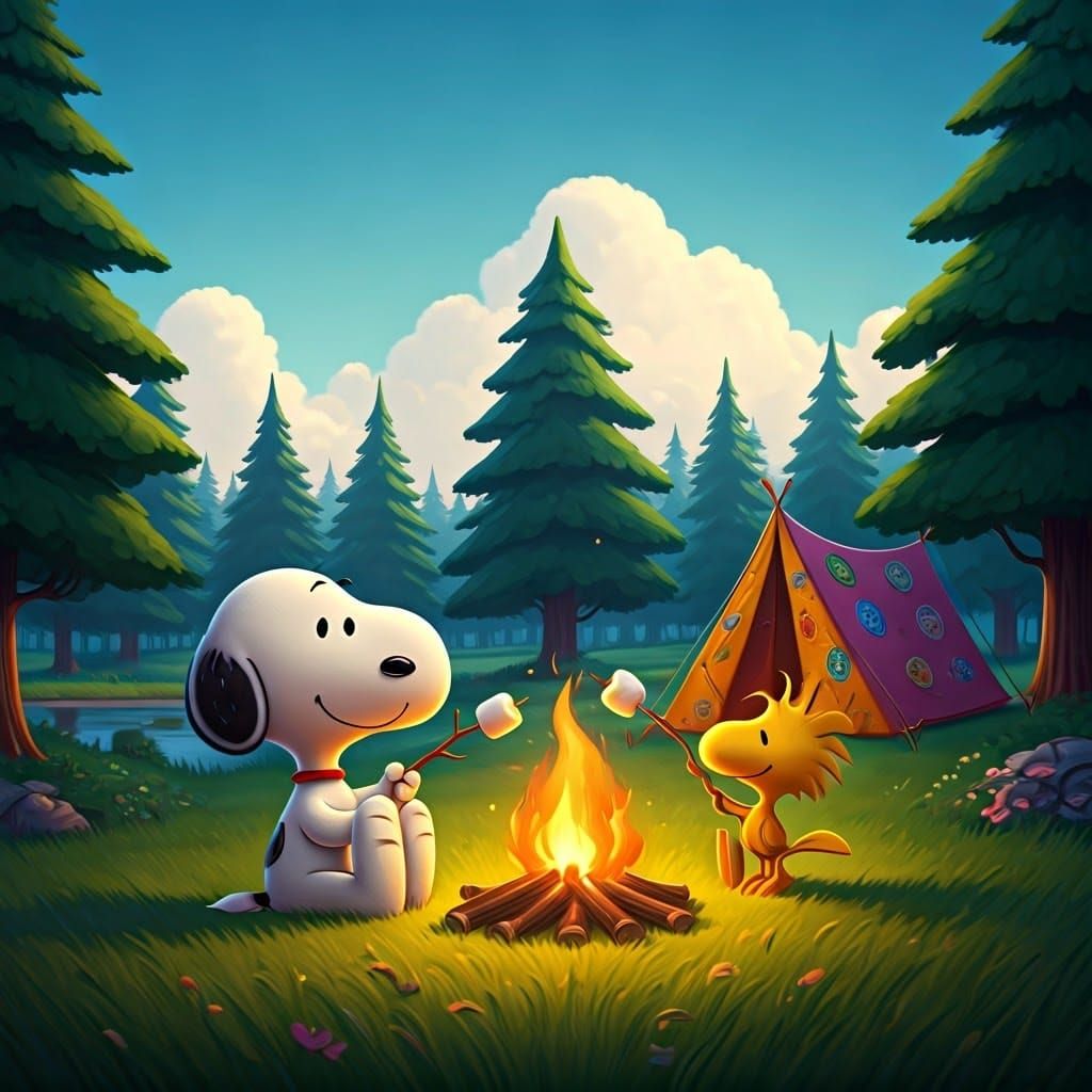 Snoopy & Woodstock Toasting Marshmallows over a Cozy Campfir...