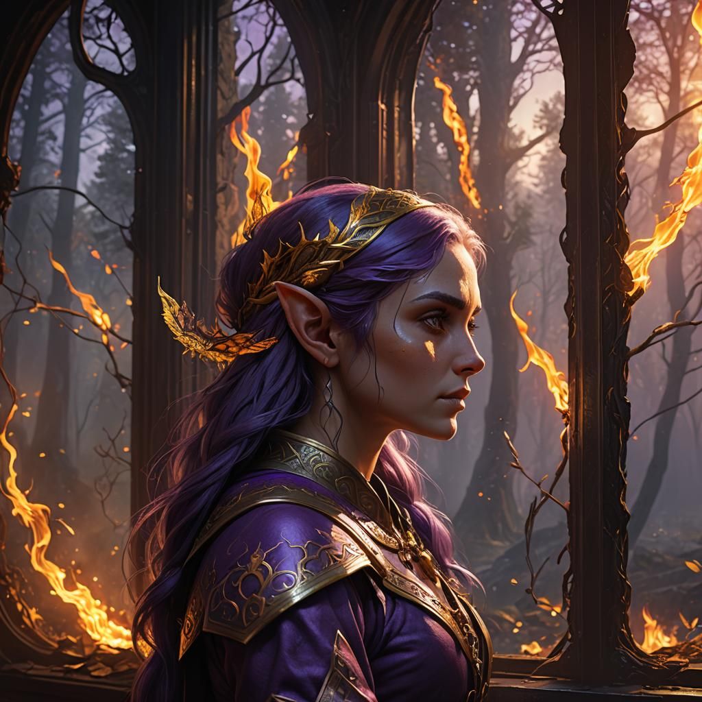 Elf Dreams of Fiery Forest, Dark Fantasy Art