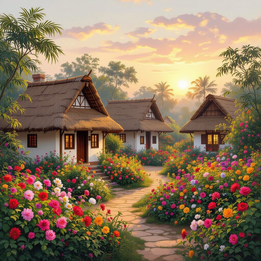 Bangladeshi Cottages in Sunset Flower Garden