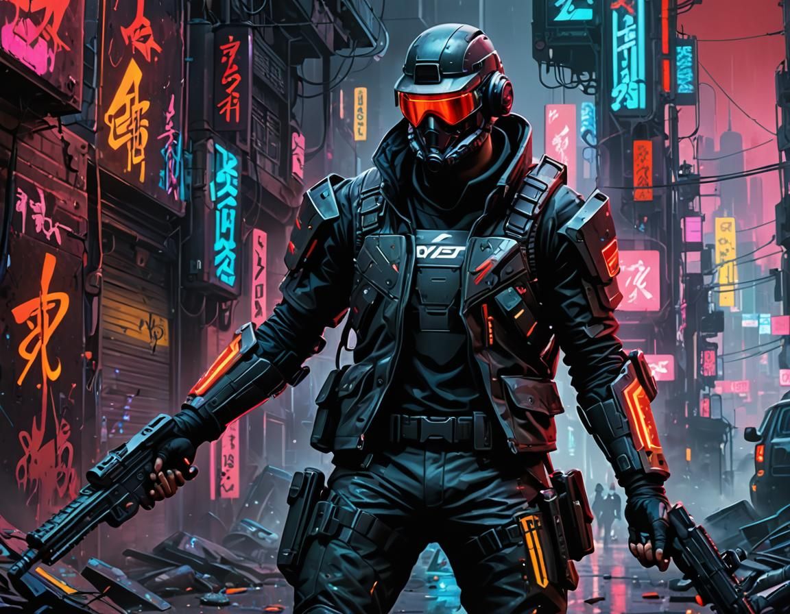 Cyberpunk Mercenary Leads Attack: Graffiti Art Style