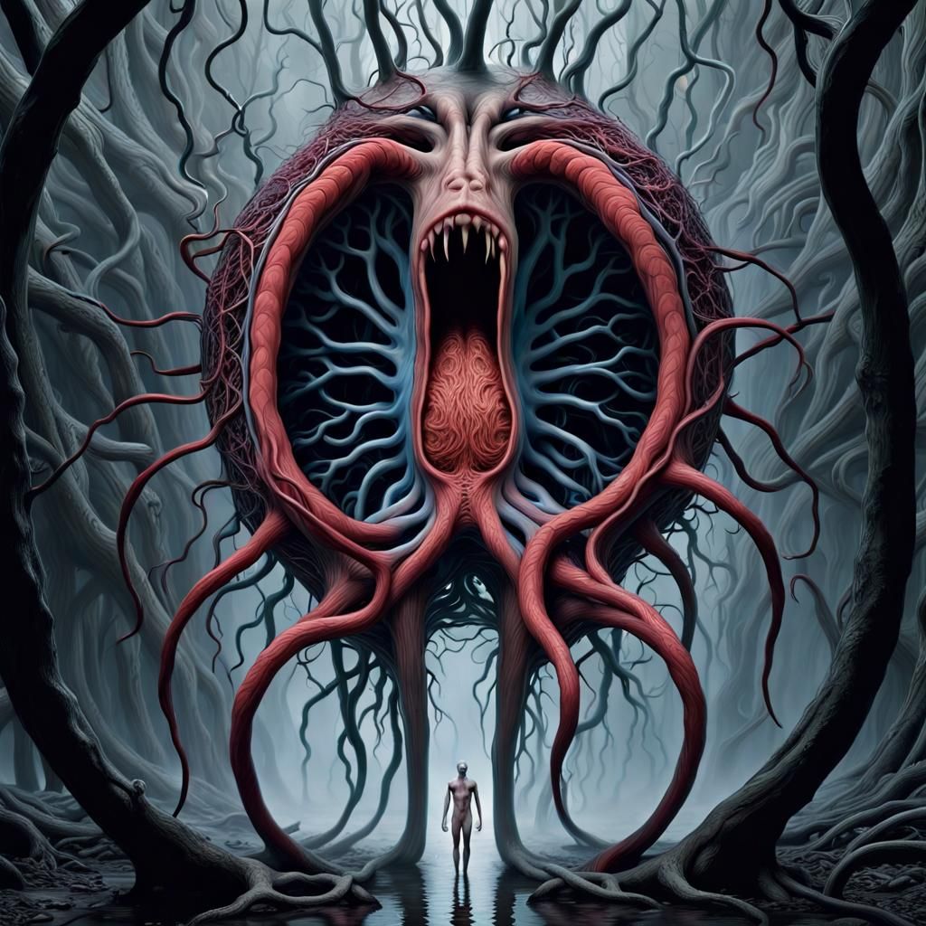 Surreal Horror Creature Connected to Veins in Fractal Impast...