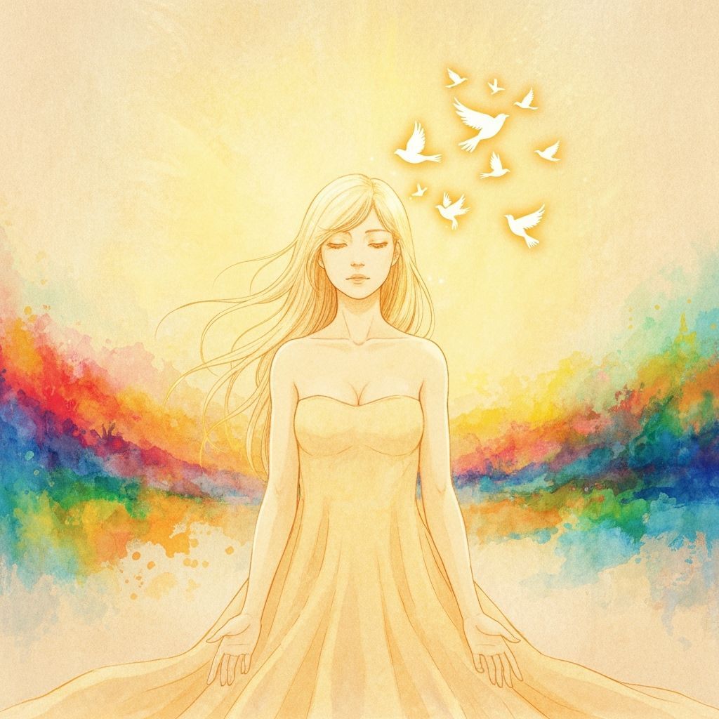 Ethereal Woman with Glowing Birds in Golden Light