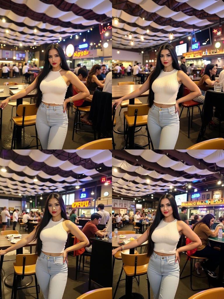 Woman Posing Confidently in Lively Restaurant