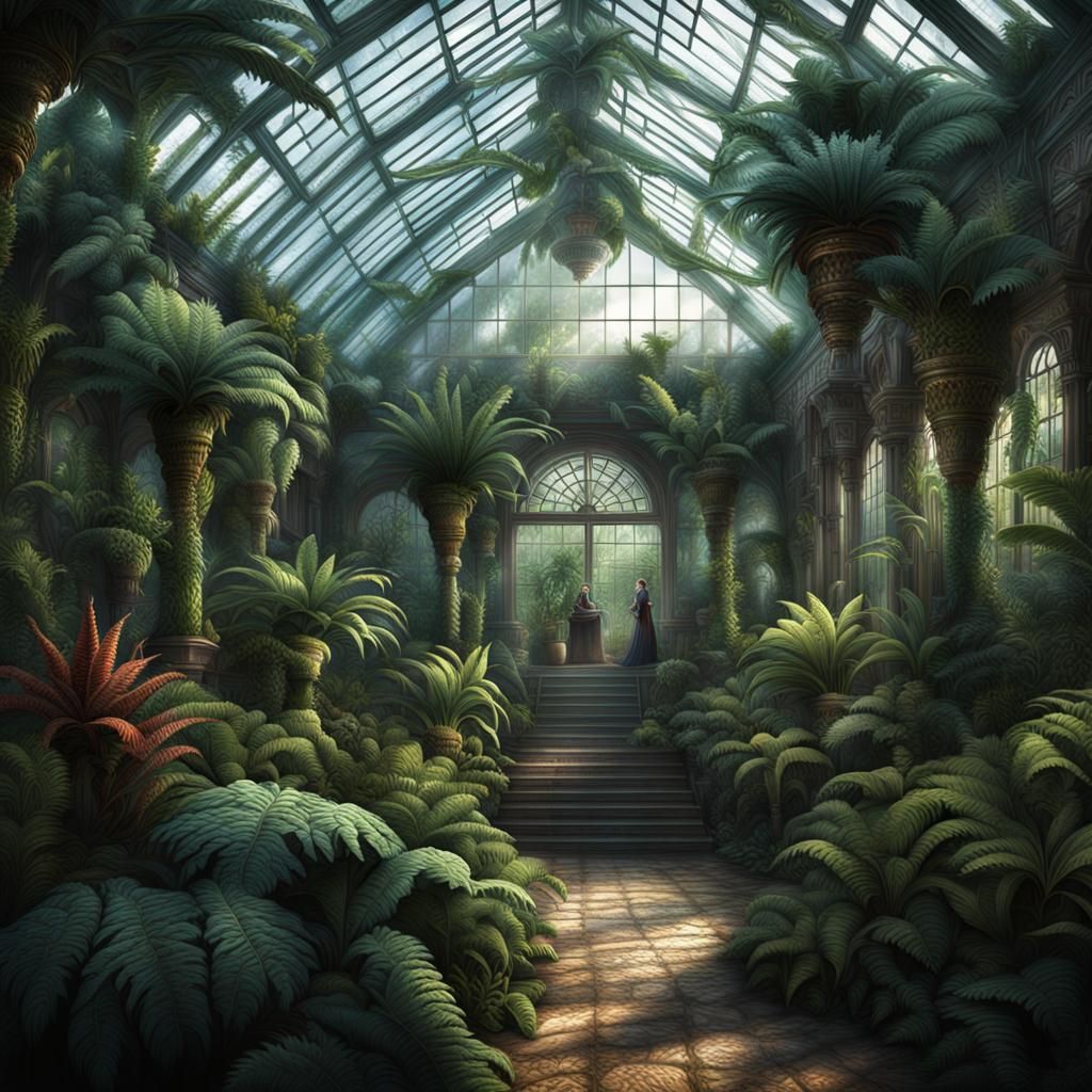 Victorian Greenhouse with Ferns and Cycads