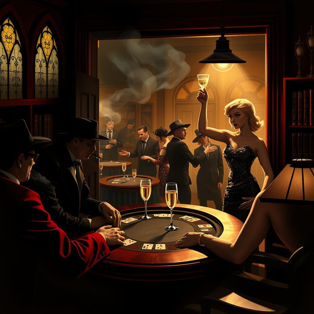 1920s Speakeasy Poker Game in Film Noir Style