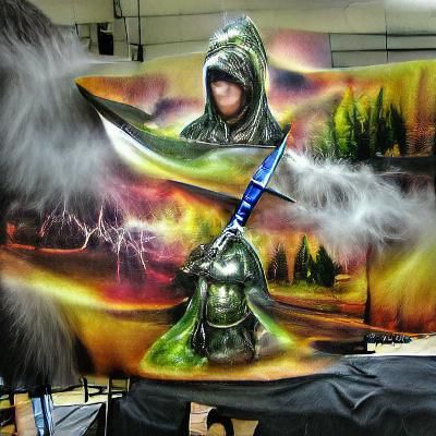Hooded Warrior with Elemental Sword in Airbrush Style