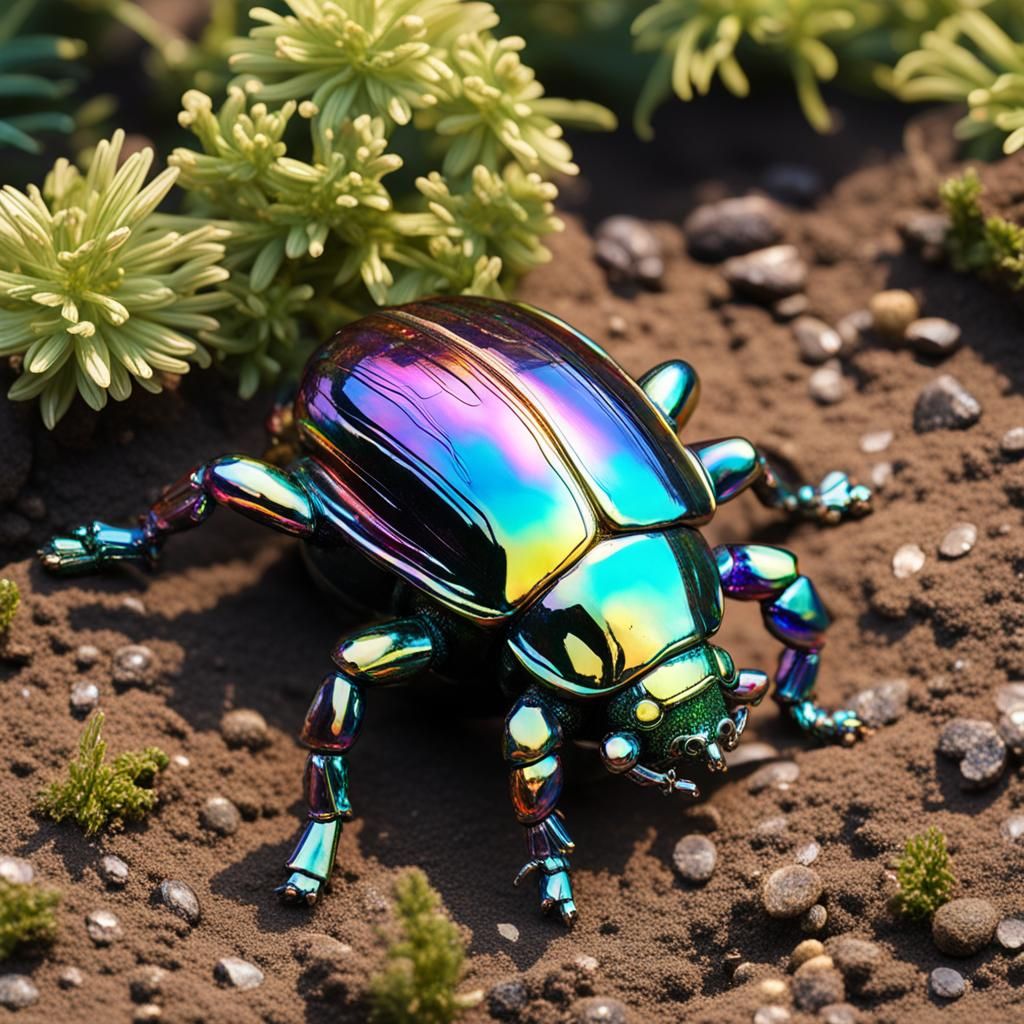 Iridescent Beetle Crawling in the Dirt: 8K Hyperdetailed Ima...