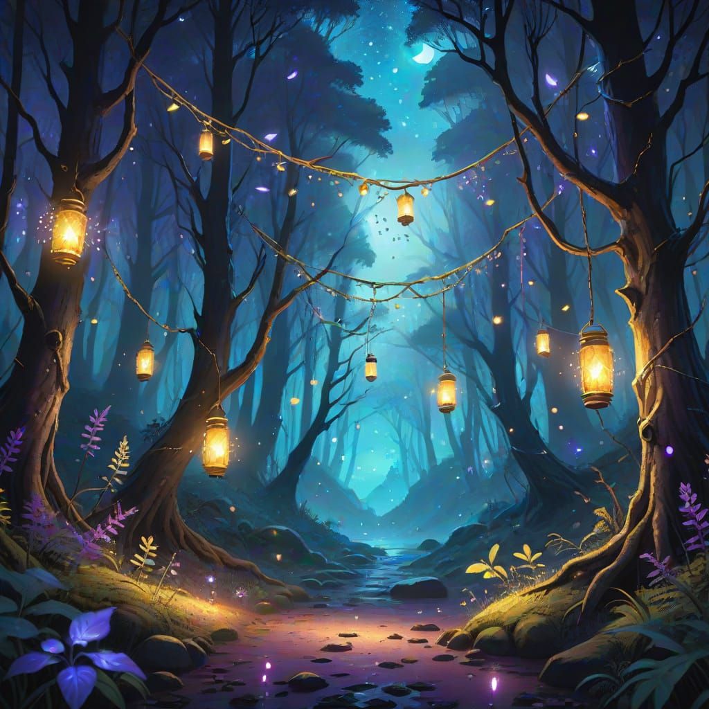 Mystical Matariki in Forest: Vibrant Oil Painting