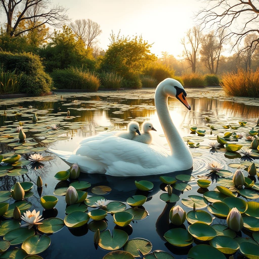 White Swan and Cygnets on Pond, Hyperrealistic Style