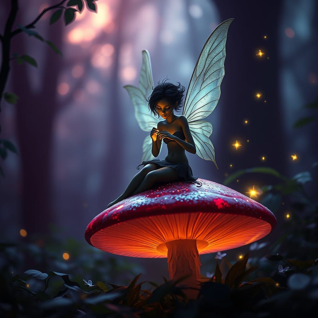 Dark Fairy Amidst Twinkling Fireflies in Vibrant Matte Paint...
