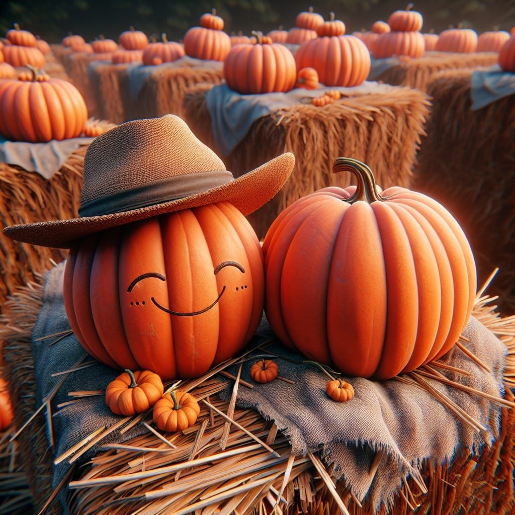 Charming Pumpkins on Hay Bale: Matte Painting Concept Art