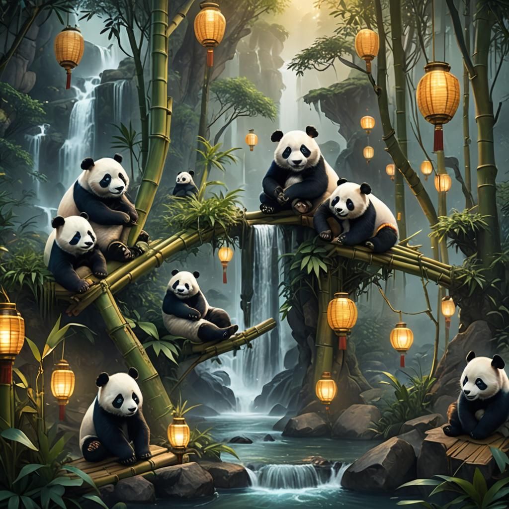 Pandas Play in Waterfall Bamboo Forest: Matte Painting