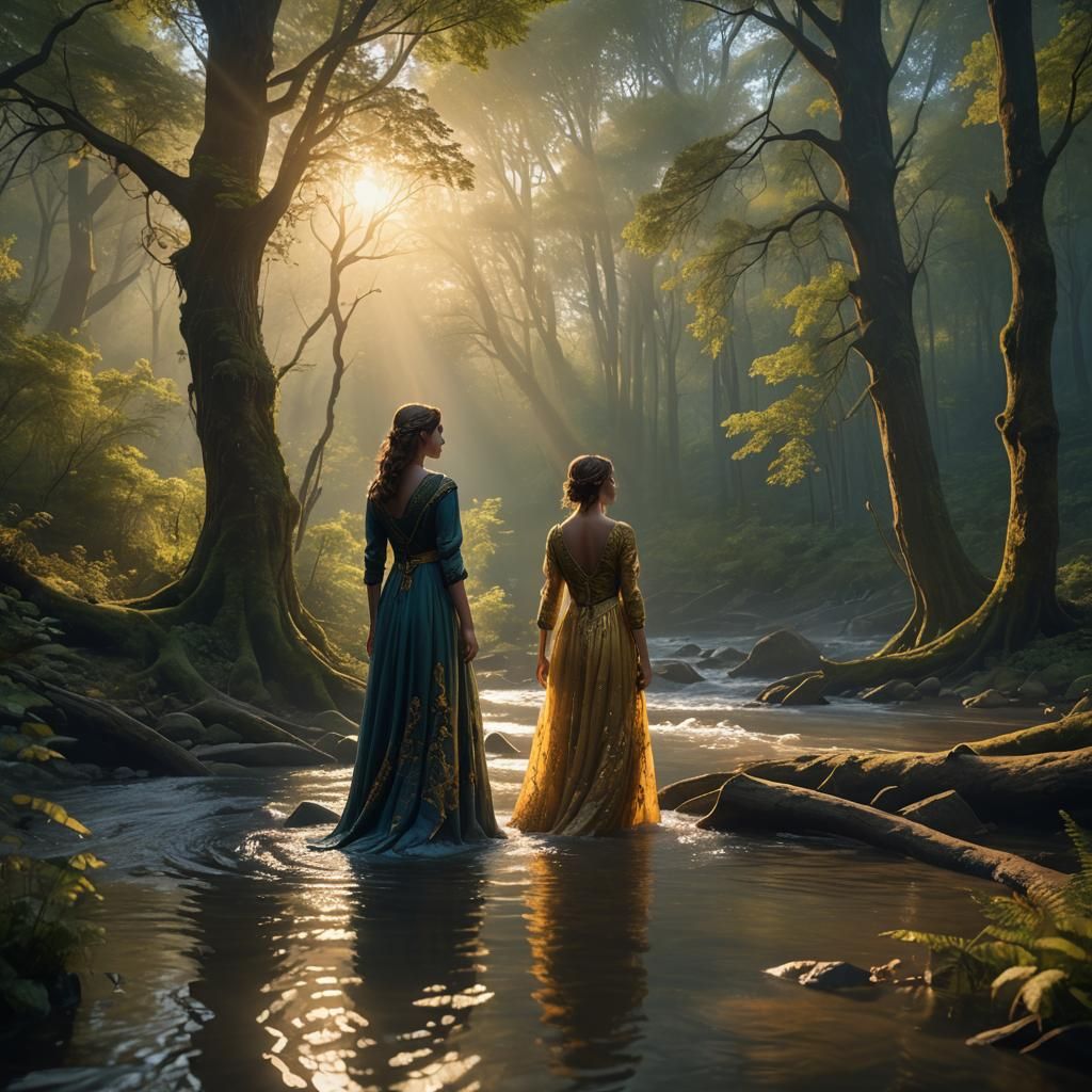 Girl in Forest at Sunrise: Fantasy Concept Art