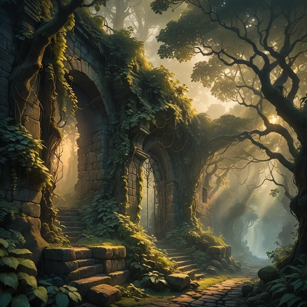 Mystical Dark Forest Matte Painting with Golden Light