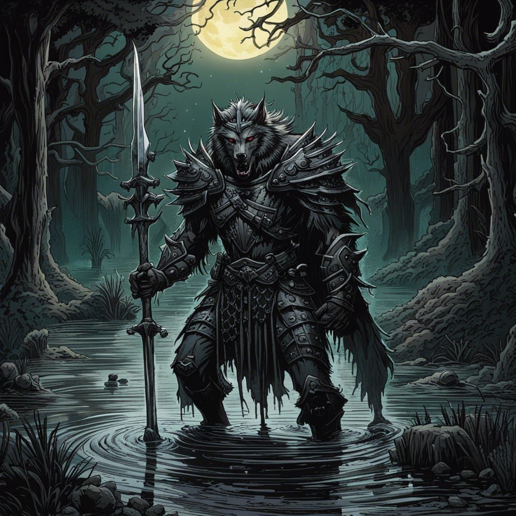 Gothic Werewolf Knight in Flooded Swamp