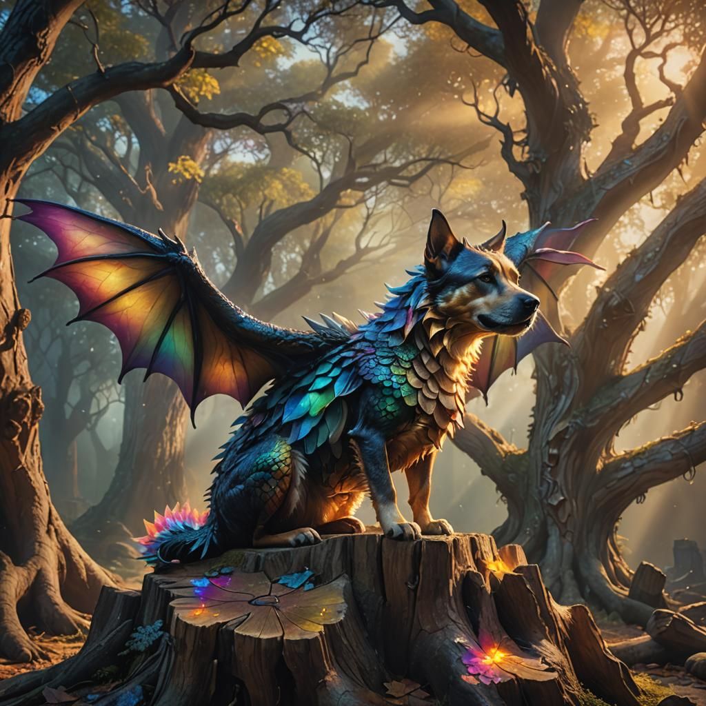 Dog with Dragon Scales on Mystical Tree Stump