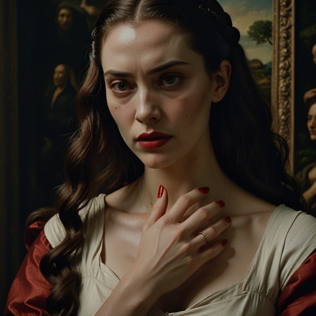 Intense Woman Biting Arm, Renaissance Horror Art