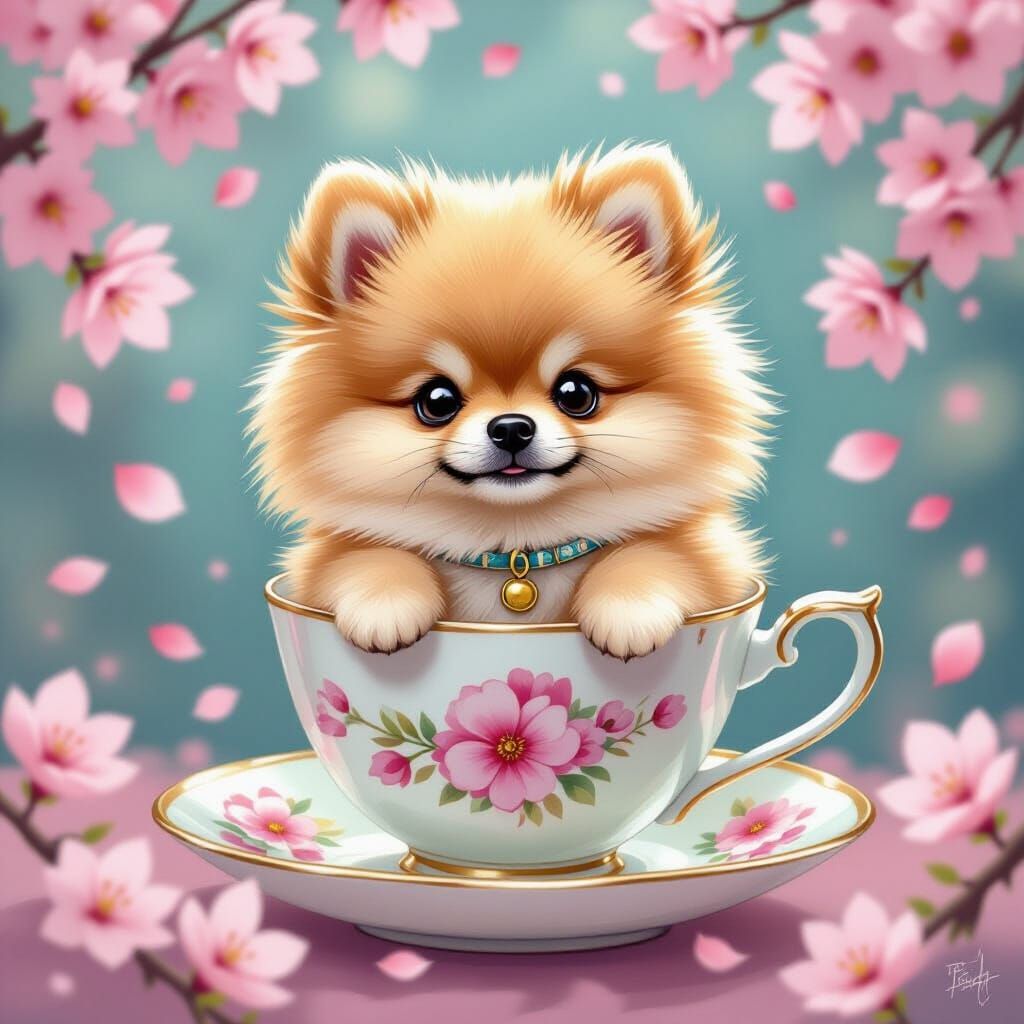 Pomeranian Puppy in Teacup with Cherry Blossoms, Pop Art