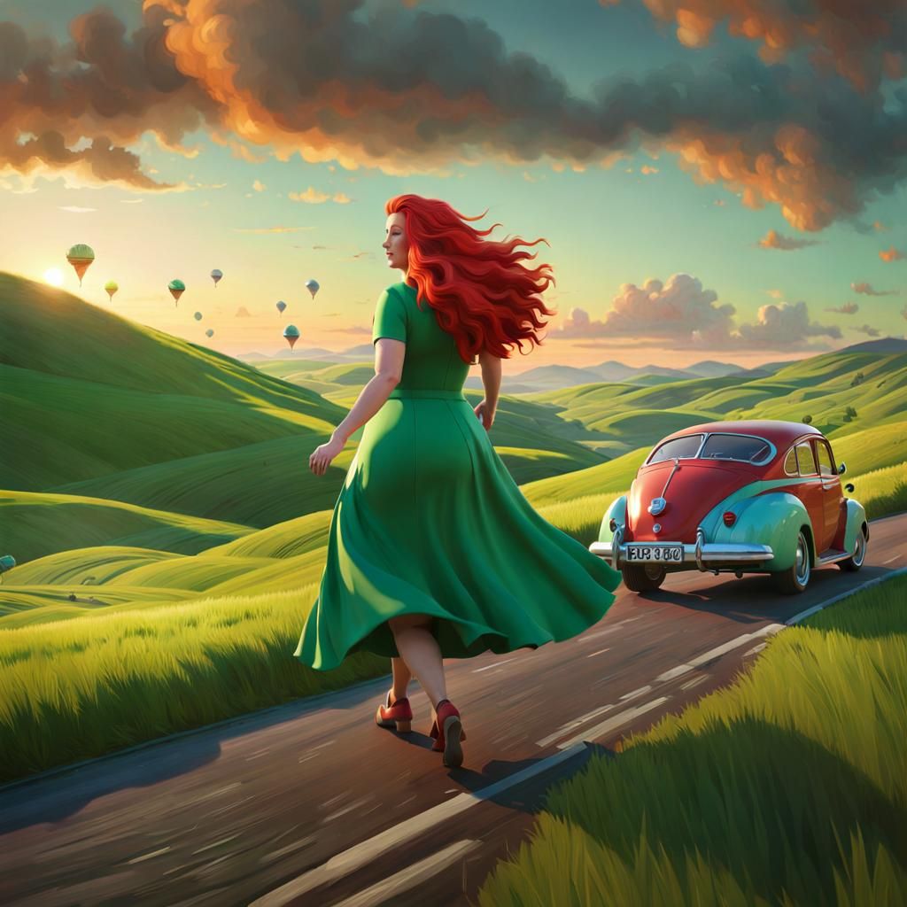 Surreal Giantess on Ice Cream Wheels at Sunset